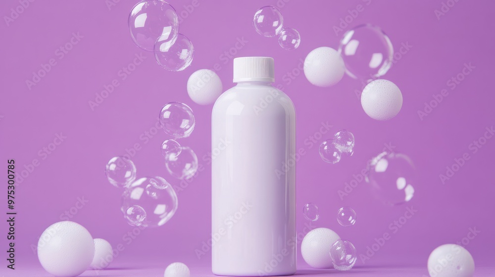 White bottle mockup on pink background with bubbles and foam balls. White bottle mockup on pink background with bubbles and foam balls.
