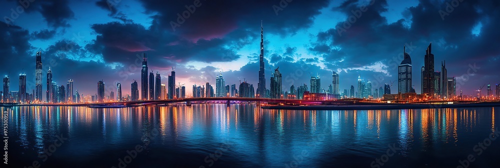 panoramic view of Dubai city skyline at night with reflection in the water panoramic view of Dubai city skyline at night with reflection in the water