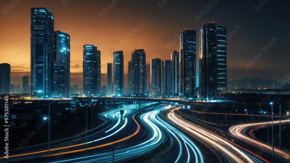 Obraz premium Smart city grid with connected streetlights and digital traffic management