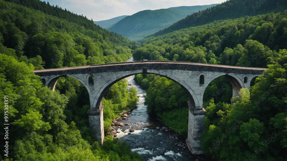 Traditional arch bridge spanning a river surrounded by green forests Traditional arch bridge spanning a river surrounded by green forests