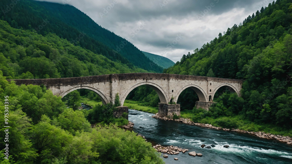 Traditional arch bridge spanning a river surrounded by green forests Traditional arch bridge spanning a river surrounded by green forests