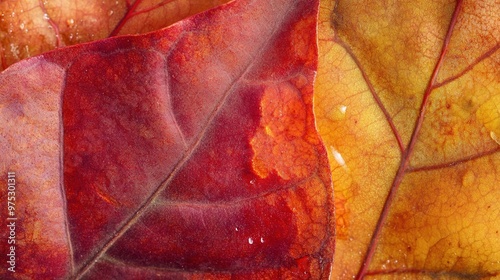 Close-up of vibrant autumn leaves with detailed veins and color transitions in rich red, orange, and golden tones. Dew drops and light reflections add a delicate touch, photo