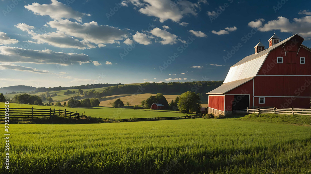Traditional farm setting with a red barn and a picturesque countryside Traditional farm setting with a red barn and a picturesque countryside
