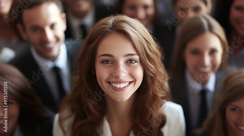 Close up of a smiling woman with long brown hair in a crowd of people.