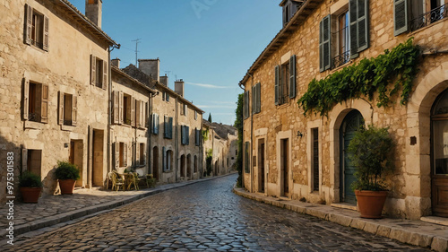 Traditional French village with cobblestone streets and historic buildings