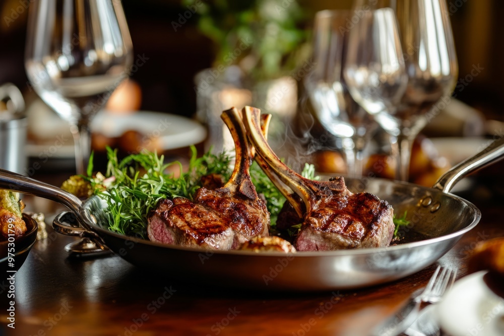 Gourmet lamb chops served in a sleek pan. Perfect for fine dining and culinary enthusiasts. Capture the beauty of elegant food presentation. Generative AI Gourmet lamb chops served in a sleek pan. Perfect for fine dining and culinary enthusiasts. Capture the beauty of elegant food presentation. Generative AI