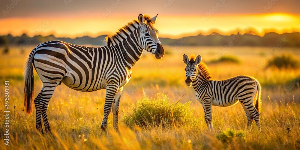 Fototapeta premium A young zebra foal gazing up at its mother in a serene grassy clearing, bathed in the warm