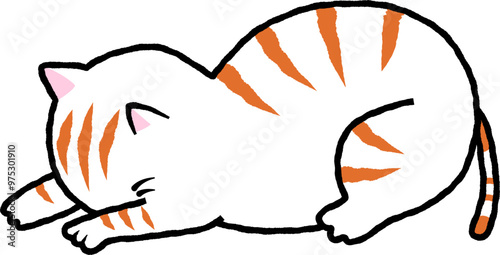 A cat has a striped, tabby coat with its head tucked under its paws. This sleeping pose gives the appearance of a "head down" or "apologetic" position, as if the cat is shy or hiding its face.