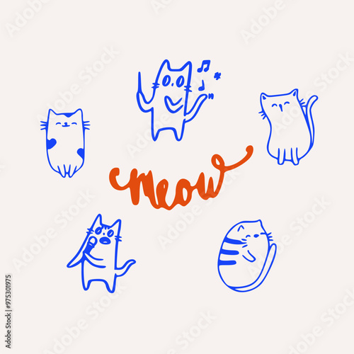 Funny cat vector illustration. Singing cat. Funny calligraphic. Vector cartoon art illustration isolated on white background. Hand drawn outline style.