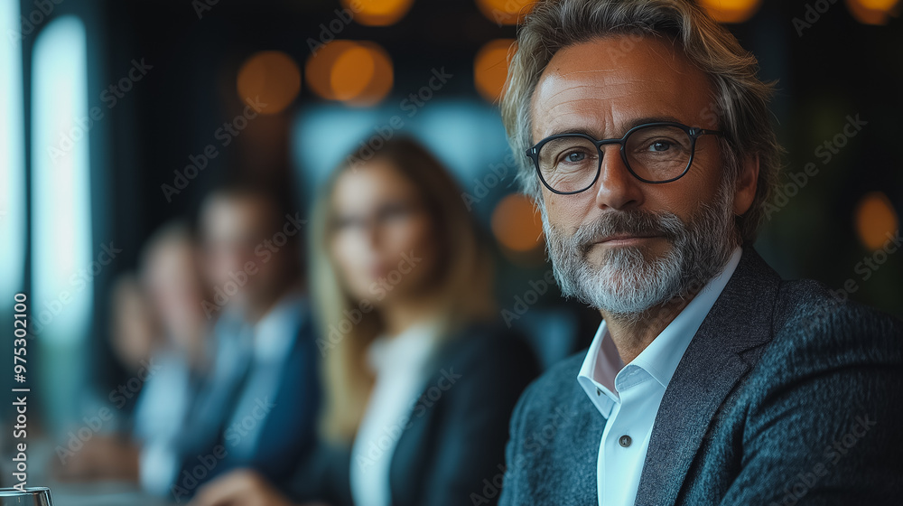 A man in a suit and glasses is sitting at a table with other people. He is the only one looking directly at the camera A man in a suit and glasses is sitting at a table with other people. He is the only one looking directly at the camera