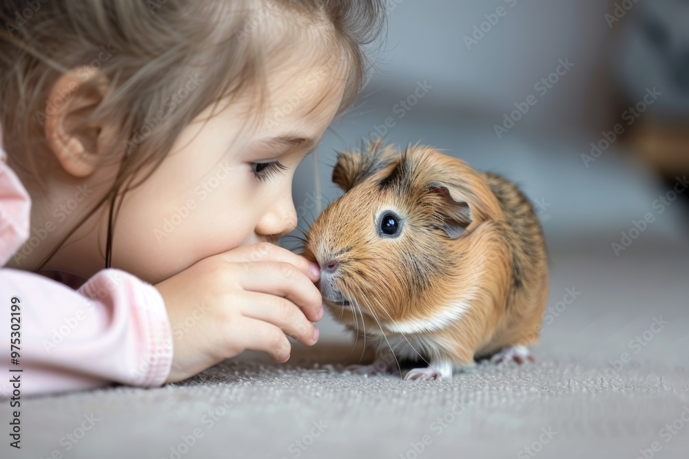 A child gently touches the nose of a guinea pig, creating a heartwarming moment in soft, natural light A child gently touches the nose of a guinea pig, creating a heartwarming moment in soft, natural light