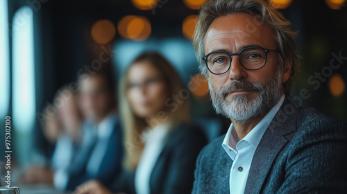 A man in a suit and glasses is sitting at a table with other people. He is the only one looking directly at the camera