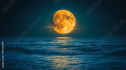 A large, bright yellow moon is reflected in the calm, dark blue water of the ocean. The scene is serene and peaceful, with the moon casting a soft glow on the water