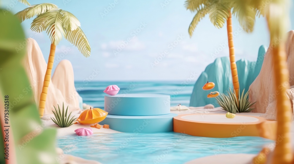 Obraz premium 3D summer scene with a blue and orange podium, a palm tree, and a beach.