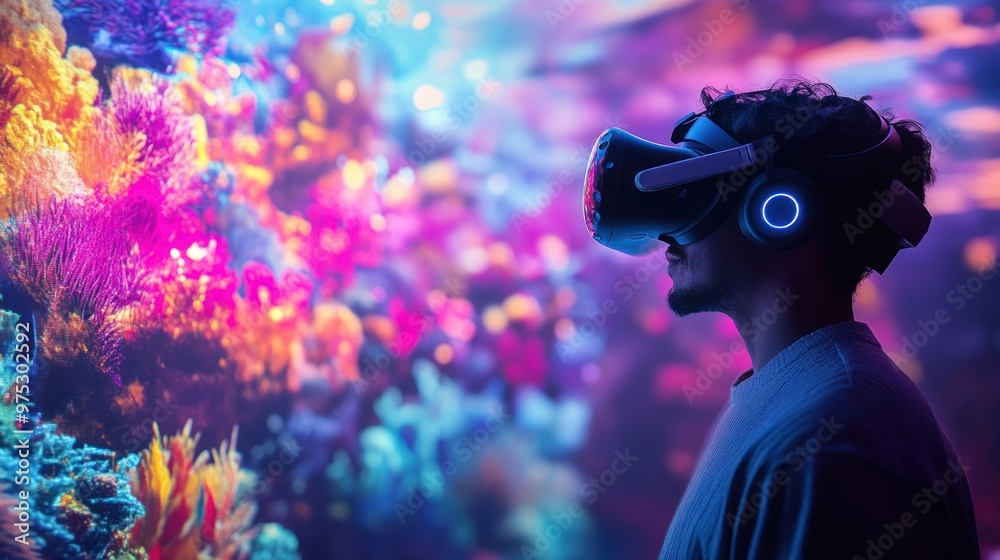 A man wearing VR headset stands before a screen displaying a colorful coral reef scene. A man wearing VR headset stands before a screen displaying a colorful coral reef scene.