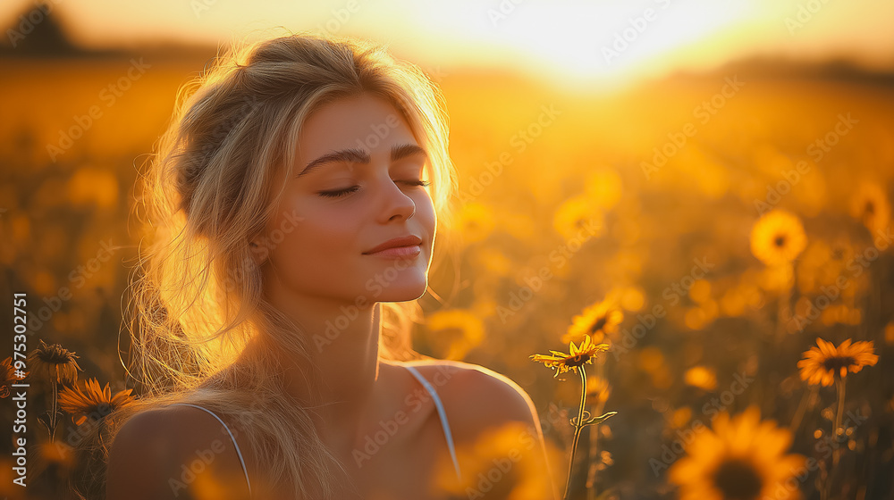 A woman is sitting in a field of yellow flowers, looking up at the sun. She is in a peaceful and serene state of mind A woman is sitting in a field of yellow flowers, looking up at the sun. She is in a peaceful and serene state of mind