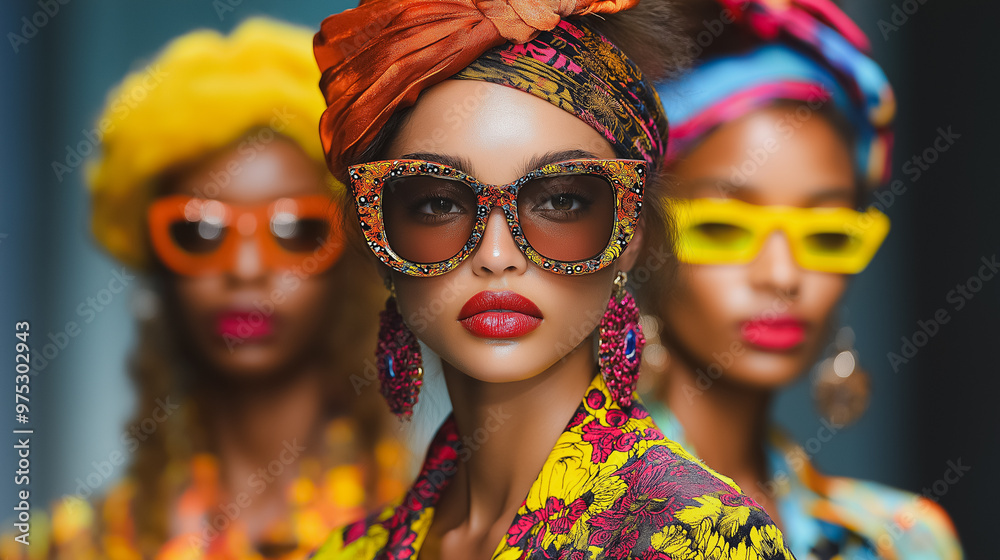 Fototapeta premium Three women wearing colorful headwraps and designer sunglasses
