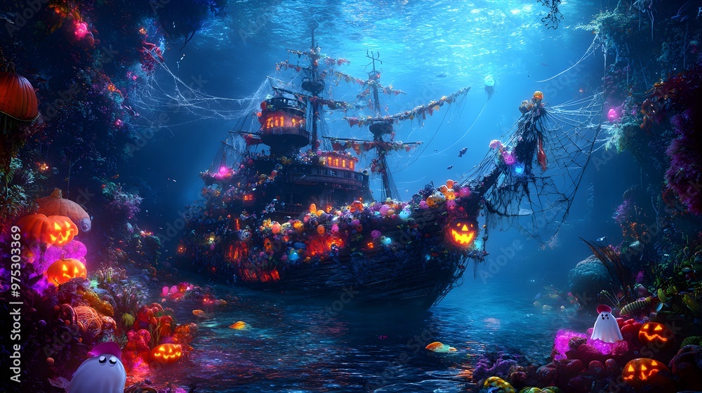 Naklejka premium A fantastical underwater Halloween landscape with a sunken pirate ship decorated with cobwebs, and sea monsters wearing witch hats and ghost costumes. The water is filled with floating candy 