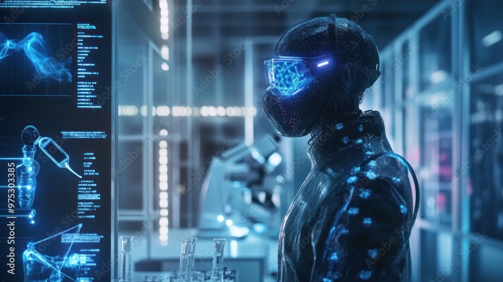 Fototapeta premium Futuristic cyborg in a laboratory setting, with advanced technology and a glowing blue interface.