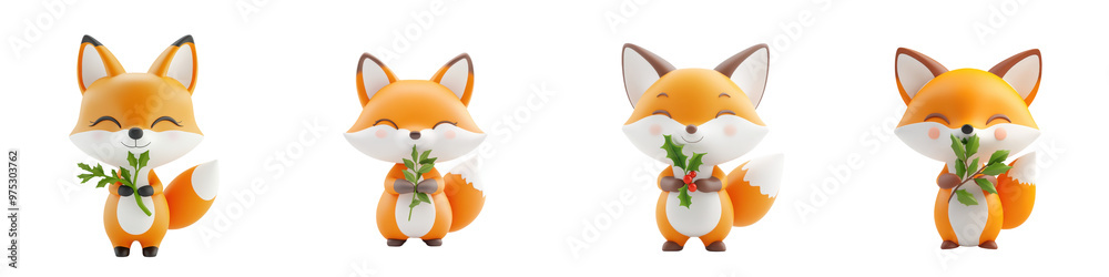 Fototapeta premium Charming cartoon foxes with cheerful expressions, holding vegetables. Perfect for playful and whimsical design projects.