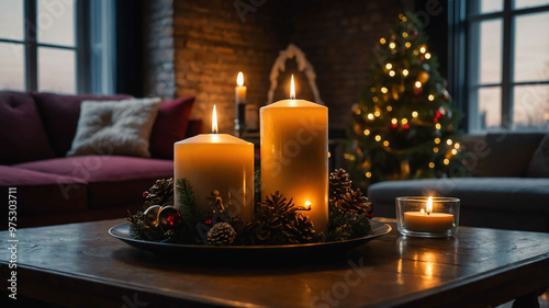 Christmas candles glowing softly in a cozy living room setting