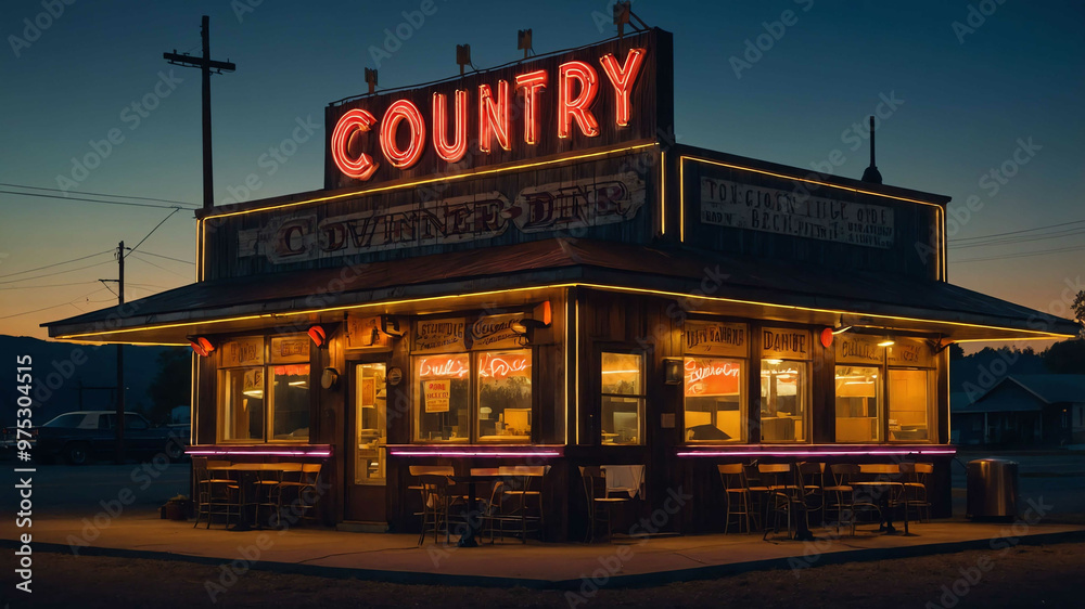 Country diner with a charming wooden facade and a classic neon sign Country diner with a charming wooden facade and a classic neon sign
