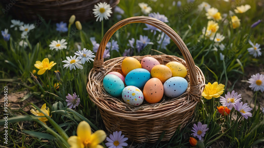 Easter basket filled with colorful eggs and spring flowers around it Easter basket filled with colorful eggs and spring flowers around it