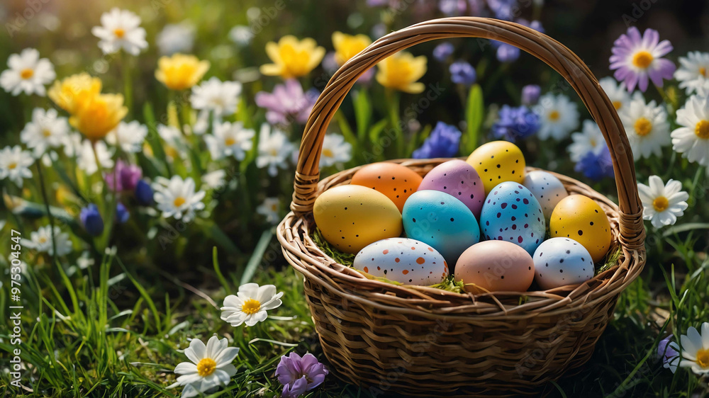 Easter basket filled with colorful eggs and spring flowers around it