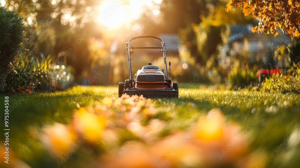 Mowing the grass with a lawn mower in garden at early autumn. Mulching the grass at backyard. Mowing the grass with a lawn mower in garden at early autumn. Mulching the grass at backyard.
