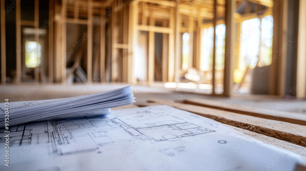 Close-up of a blueprint laying on a wooden beam in an unfinished house. Close-up of a blueprint laying on a wooden beam in an unfinished house.