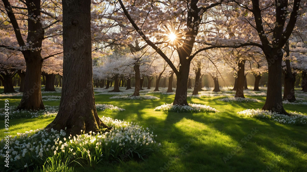 Fototapeta premium Easter morning light shining through a grove of blossoming trees