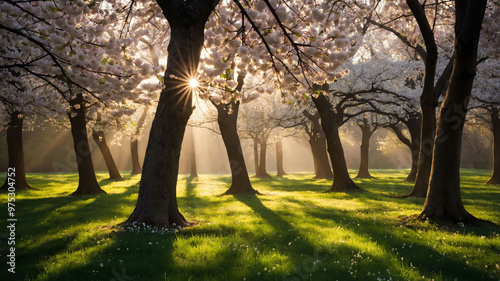 Easter morning light shining through a grove of blossoming trees