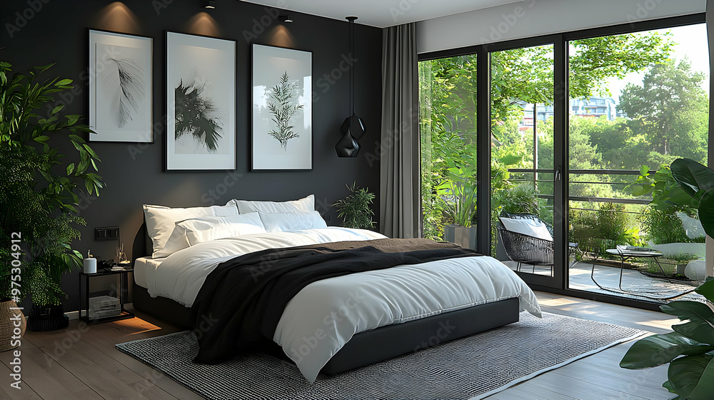 Modern bedroom with black walls, white bedding, and large windows overlooking a balcony with greenery. Modern bedroom with black walls, white bedding, and large windows overlooking a balcony with greenery.