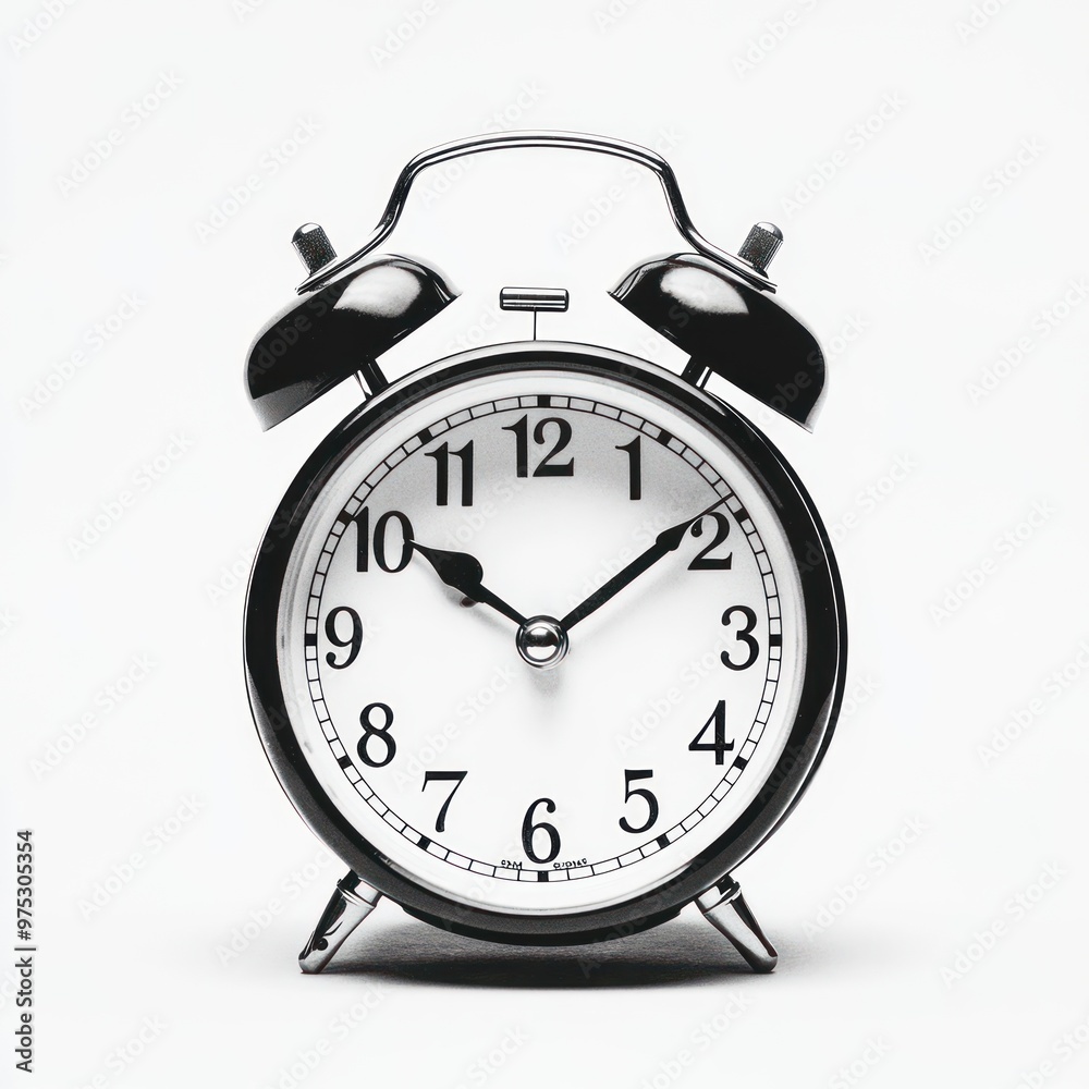 Black alarm clock with silver hands on a white background. Black alarm clock with silver hands on a white background.