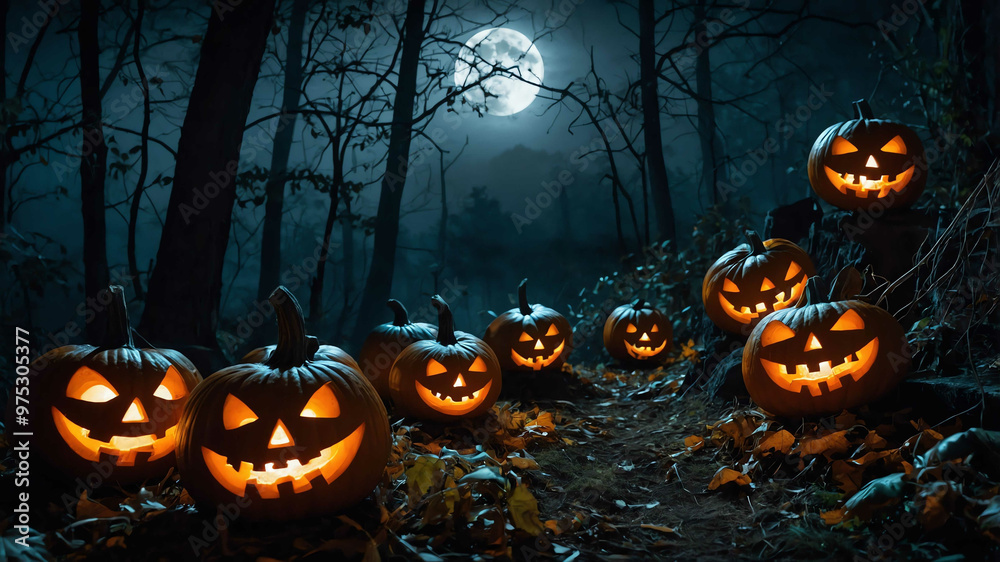 Halloween haunted forest with glowing pumpkins and eerie moonlight Halloween haunted forest with glowing pumpkins and eerie moonlight