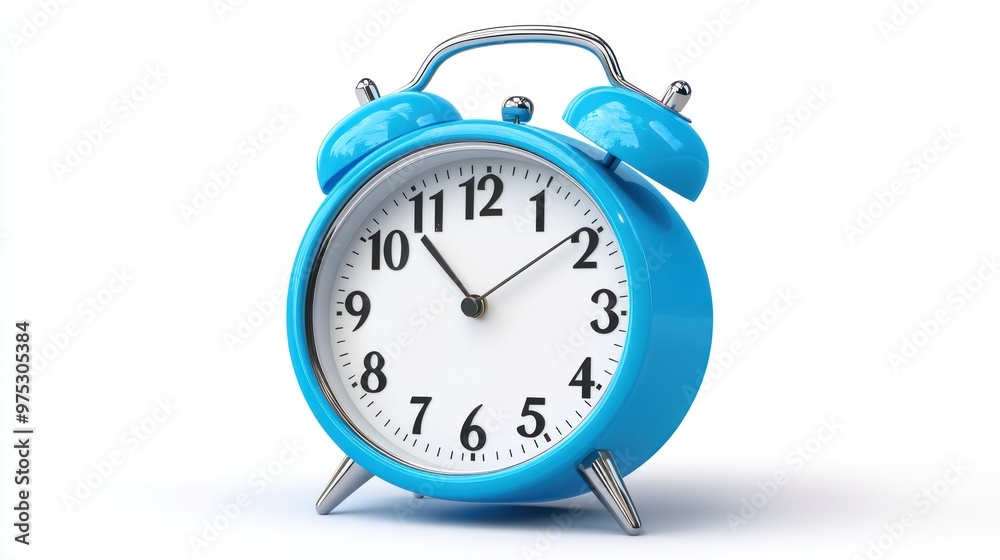 A blue alarm clock with chrome accents. The time is just after 10 o'clock. A blue alarm clock with chrome accents. The time is just after 10 o'clock.