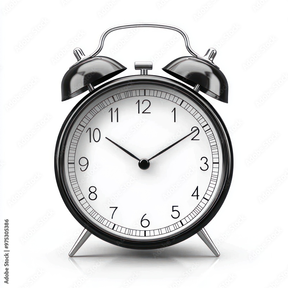 Classic black alarm clock with silver accents isolated on a white background.