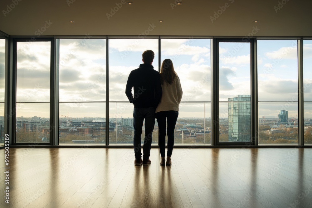A couple stands together looking out at the city view from a modern apartment. The large windows frame their silhouette. A scene of peace and connection. Generative AI A couple stands together looking out at the city view from a modern apartment. The large windows frame their silhouette. A scene of peace and connection. Generative AI