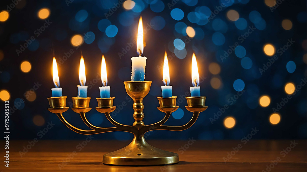 Fototapeta premium Hanukkah menorah with glowing candles and twinkling background lights