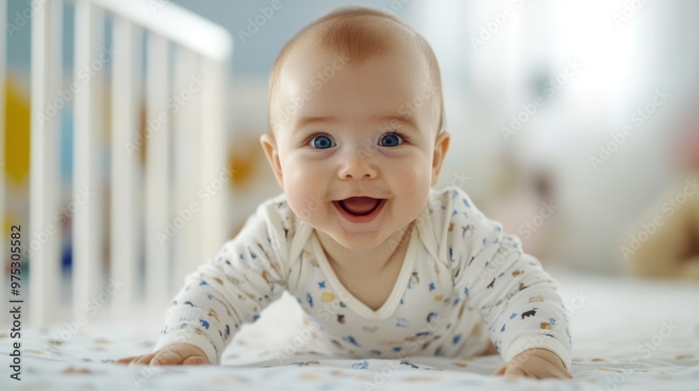 Smiling baby crawling on a soft blanket in a bright nursery, capturing joy and innocence in early childhood development. Smiling baby crawling on a soft blanket in a bright nursery, capturing joy and innocence in early childhood development.