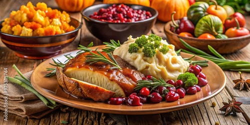 Indulge in a rustic Thanksgiving feast, with a slow-roasted turkey paired with fluffy mashed potatoes, zesty cranberry photo