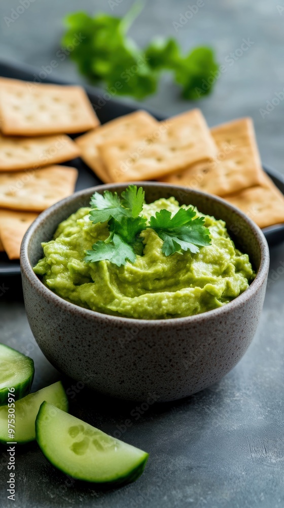Fresh green dip served in a bowl, garnished with cilantro, accompanied by crispy crackers and cucumber slices. Fresh green dip served in a bowl, garnished with cilantro, accompanied by crispy crackers and cucumber slices.