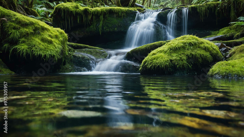 Lush waterfall cascading down mossy rocks into a clear pool