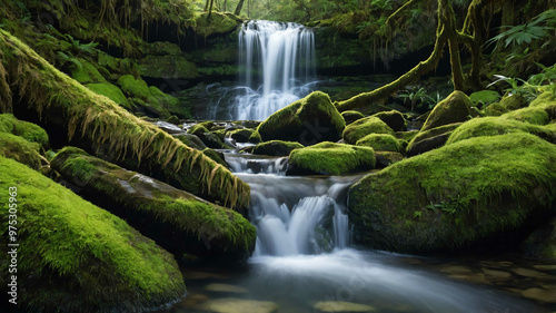 Lush waterfall cascading down mossy rocks into a clear pool