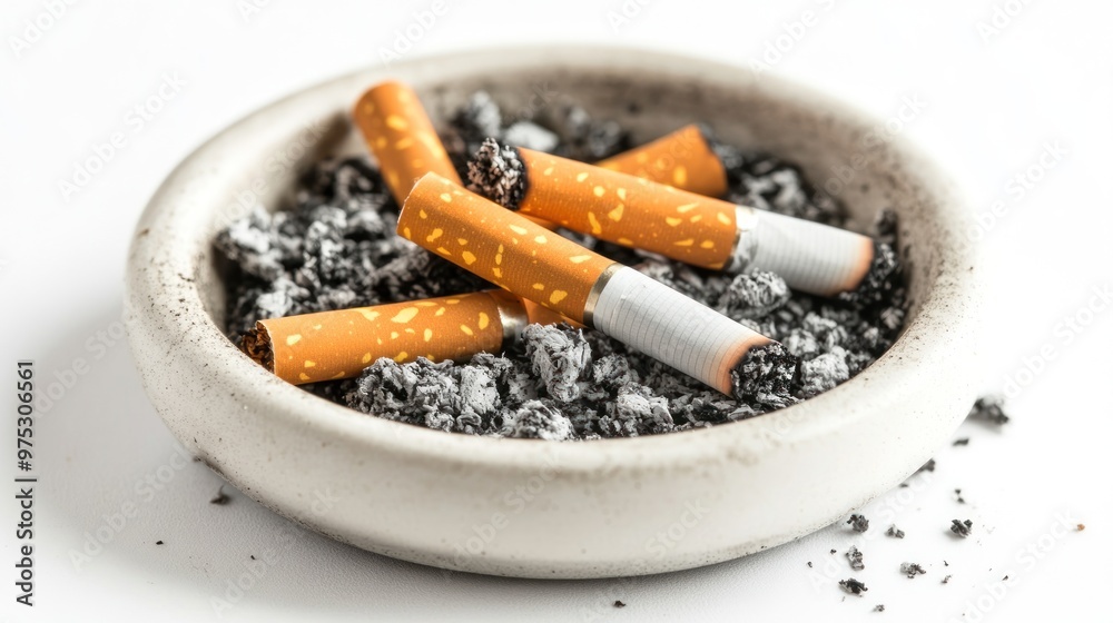 Three cigarette butts in an ashtray filled with ash. Three cigarette butts in an ashtray filled with ash.