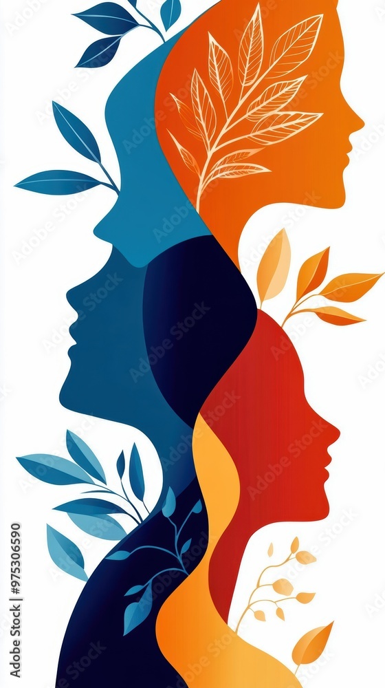 Artistic illustration of human profiles intertwined with leaves, representing growth, unity, and nature.