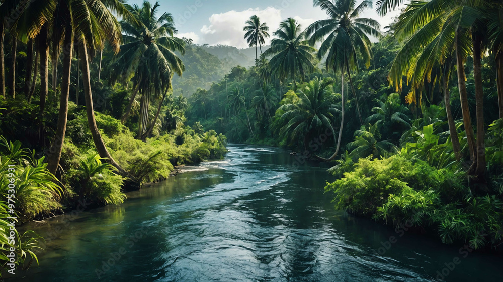 River winding through a tropical forest with towering palm trees River winding through a tropical forest with towering palm trees