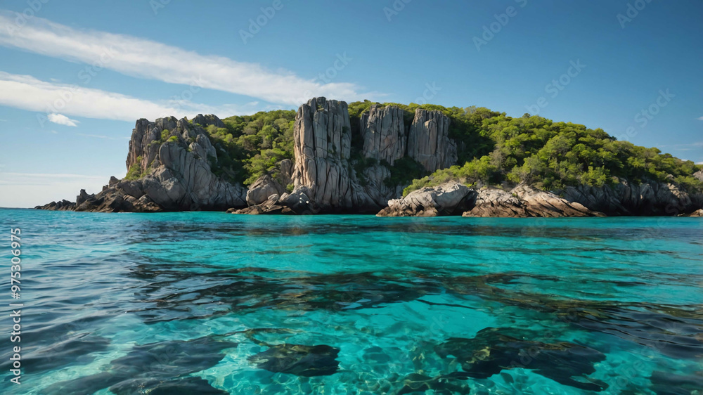 Naklejka premium Rocky island rising from turquoise waters under a bright sun