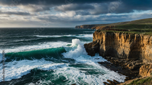 Rocky coastline with waves crashing against dramatic cliffs