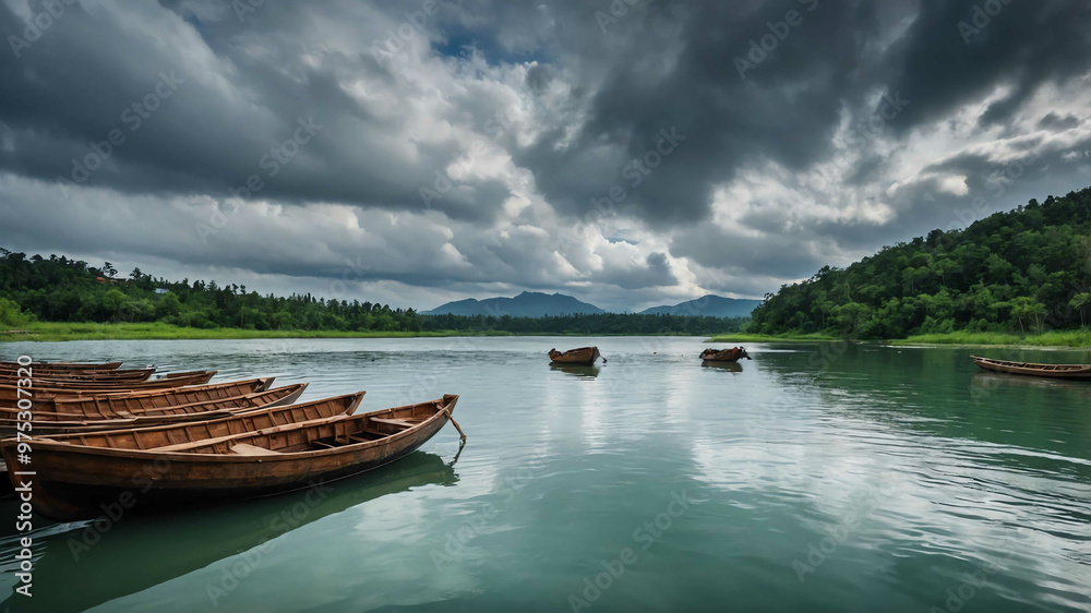 Serene river with traditional wooden boats floating under a cloudy sky Serene river with traditional wooden boats floating under a cloudy sky